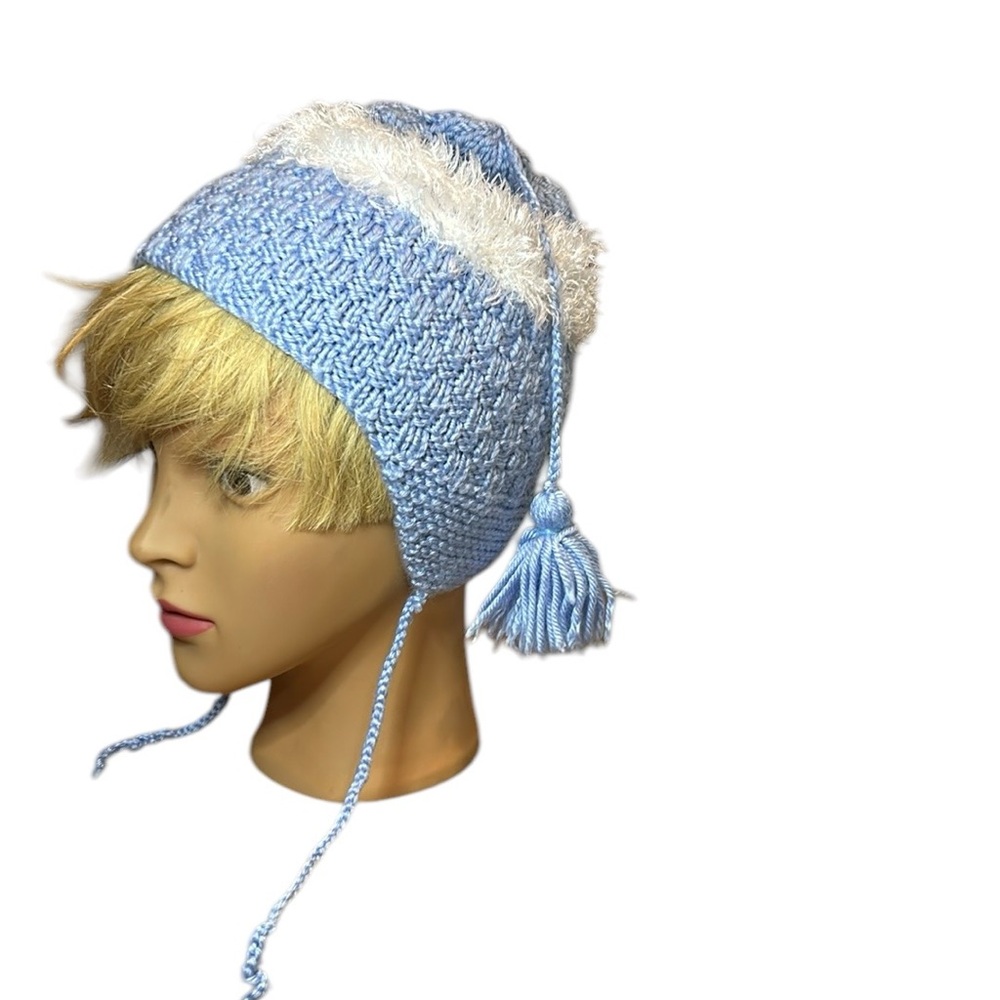 Handmade knit toddlers hat with tassel blue white size large